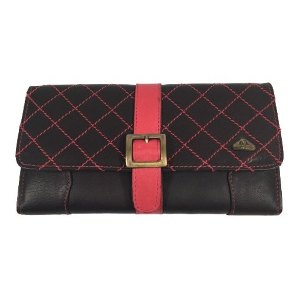 HARA Large Checkbook Wallet TriFold Clutch Black w/ Red Leather Made in Columbia - Picture 1 of 13